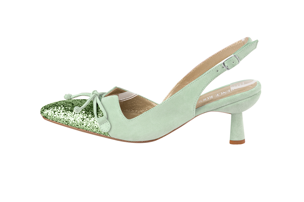 Mint green women's open back shoes, with a knot. Tapered toe. Medium spool heels. Profile view - Florence KOOIJMAN